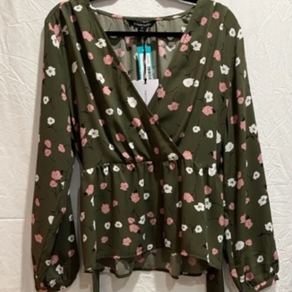41 Hawthorn - Jocelyn Wrap Neck Tie Waist Blouse - Size M - Olive Green